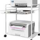 Large 2 Tier Storage Printer Stand with Basket,23.6"x21.6"x15.7" Rolling Printer Cart Under Desk,Printer Table with Wheels for Home Office,White