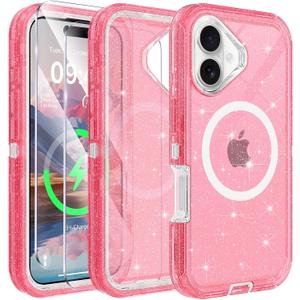 Compatible with iPhone 16 Case with Screen Protector, Shockproof, Compatible with MagSafe, 3-Layer Drop Protection, Heavy Duty Magnetic Phone Case Cover, 6.1", Pink Glitter
