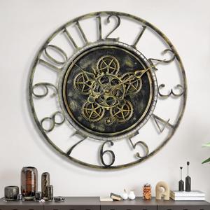 Maxstar Large Moving Gear Wall Clock for Living Room Decor,Vintage Industrial Steampunk,Metal Wall Clock Decorative for Home Office, Dinning Room,Farmhouse(Antique Brass,Arabic Number,24 INCH) (Bronze)