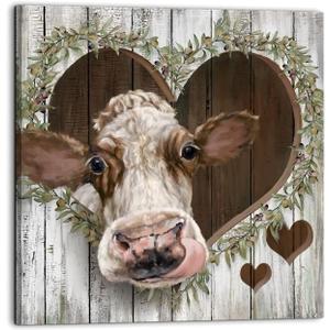 Cow Wall Decor Brown vintage cow artwork printed on canvas, perfect for decorating the kitchen, dining room, bathroom, bedroom, or living room (20x20 in)