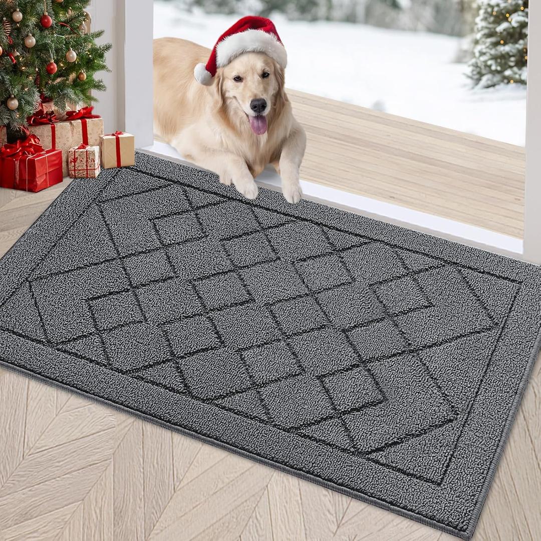 REFETONE Indoor Doormat, Front Back Door Mat 24"x36" Rubber Backing Non Slip Mats, Absorbent Washable Entrance Doormat for Entryway, Resist Dirt Low-Profile Inside Floor Mat for Muddy Shoes, Grey (Big Plaid Dark Grey)