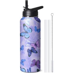 40oz Butterfly Water Bottle with Handle and Flip Straw, Floral Sports Stainless Steel Insulated Cup, Travel Coffee Mug Tumbler, Birthday Mothers Day Chritmas Gifts for Women Animal Lovers