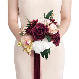 Ling's Moment Artificial Flowers Red Bridesmaid Bouquet, Marsala & Blush Wedding Flowers Bouquets for Bridesmaids, 7 Inch Bridal Bouquets for Bridesmaids, Wedding Decor, Ceremony, etc