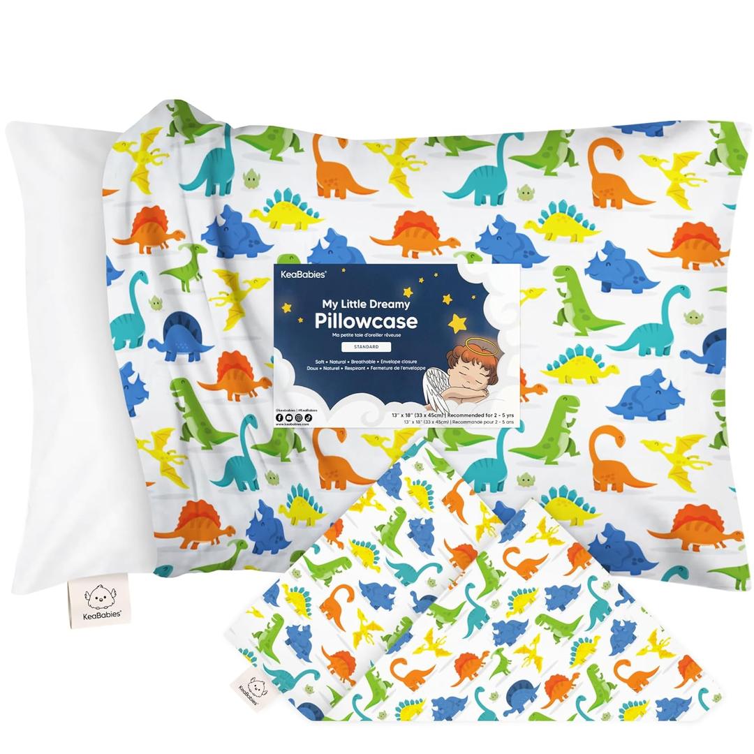 KeaBabies Toddler Pillowcase 13"x18" - Organic Cotton Toddler Pillowcase for Kids, Boys,Girls,Soft & Durable Cotton Cover for Miniature Sleepy Pillows,Cute Colors,Pillow Sold Separately(Happy Dino)
 (Pack of 2))