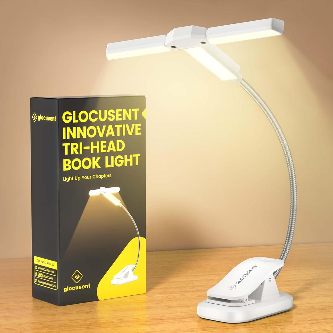 Glocusent Innovative Tri-Head Book Light for Reading in Bed, 3 Colors & 5 Brightness Levels, 1000mAh Rechargeable Reading Light with 30-Min Timer, 10-100Hrs, Partner Friendly, Perfect for Book Lovers (White)