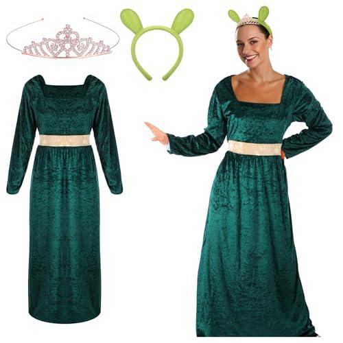 Mepase 3 Pcs Halloween Green Princess Costume for Women Green Dress Ogre Ears Headband and Crown for Monsters Princess Cosplay Halloween Party Dress up Accessories L