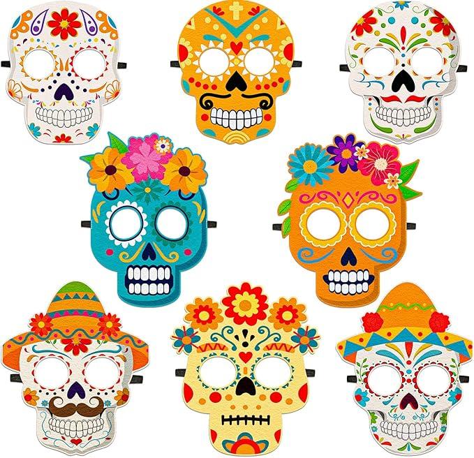 8PCS Dia De Los Muertos Masks - Halloween Felt Sugar Skull Crafts for Kids Adults, Day of The Dead Costume Accessories Decorations Classroom Activities Party Favors 