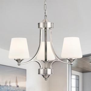 Brushed Nickel Dining Room Light Modern Sliver Chandelier with Frosted Glass, 3-Light Metal Farmhouse Kitchen Island Light Fixtures E26 Hanging Pendent Lighting for Living Room, Kitchen, Foyer