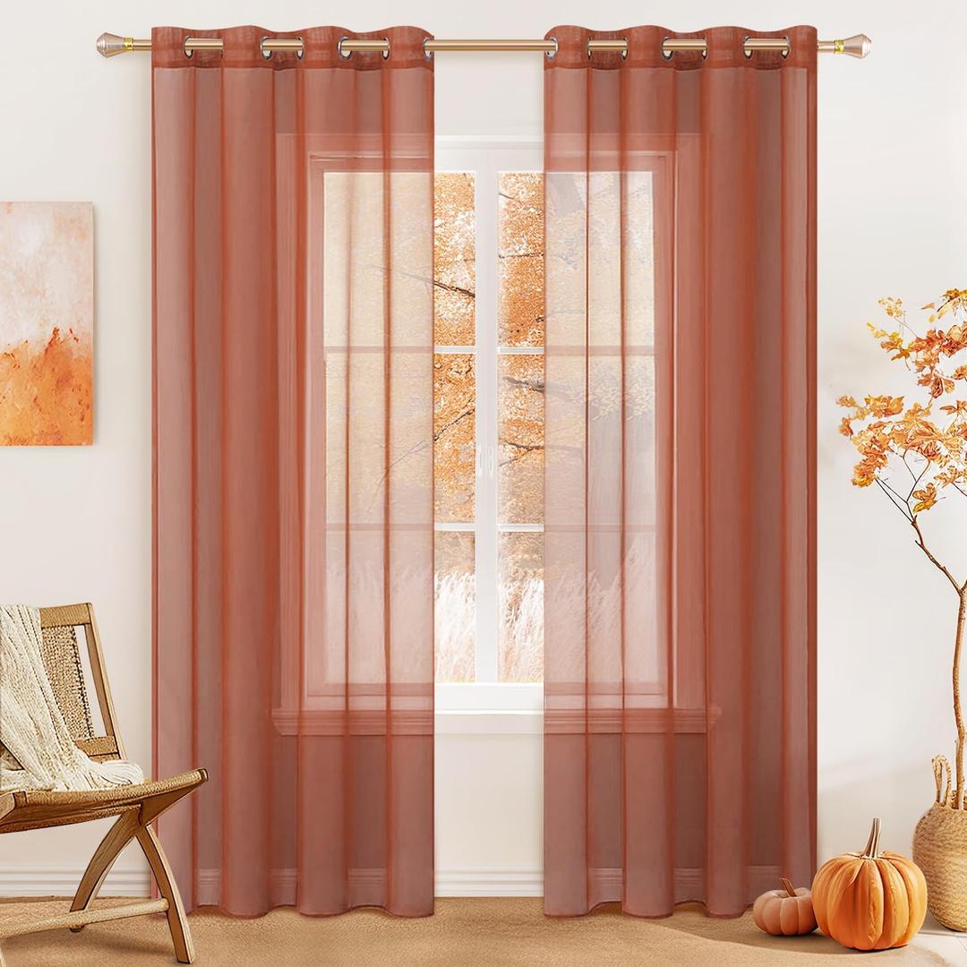 MIULEE 2 Panels Solid Color Sheer Curtains 84 Inch Length Set Fall Terracotta Rust Elegant Grommet Light Filtering Window Voile Drapes/Treatment for Bedroom Living Room W54 x L84 Inch, Burnt Orange