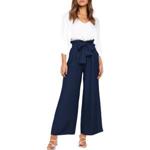 FANCYINN Womens 2 Piece Crop Pants Set V Neck Long Sleeves Tops High Waisted Cropped Paper Bag Pants with Belt Navy Blue Pants & White Blouse Top, XL