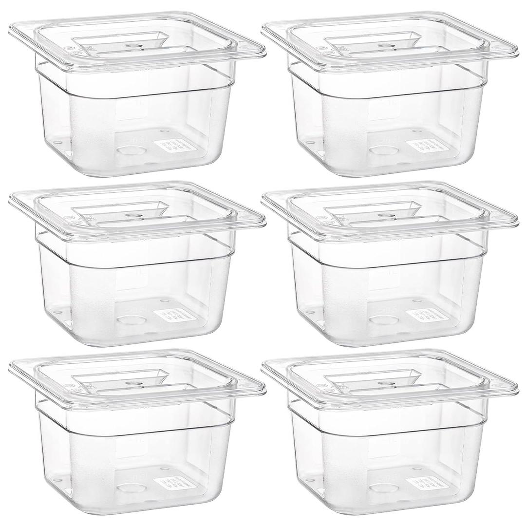 Bekith 6 Pack 1/6 Size Clear Polycarbonate Food Pans with Lids for Kitchen Restaurant Food Prep, 4 Inches Deep
