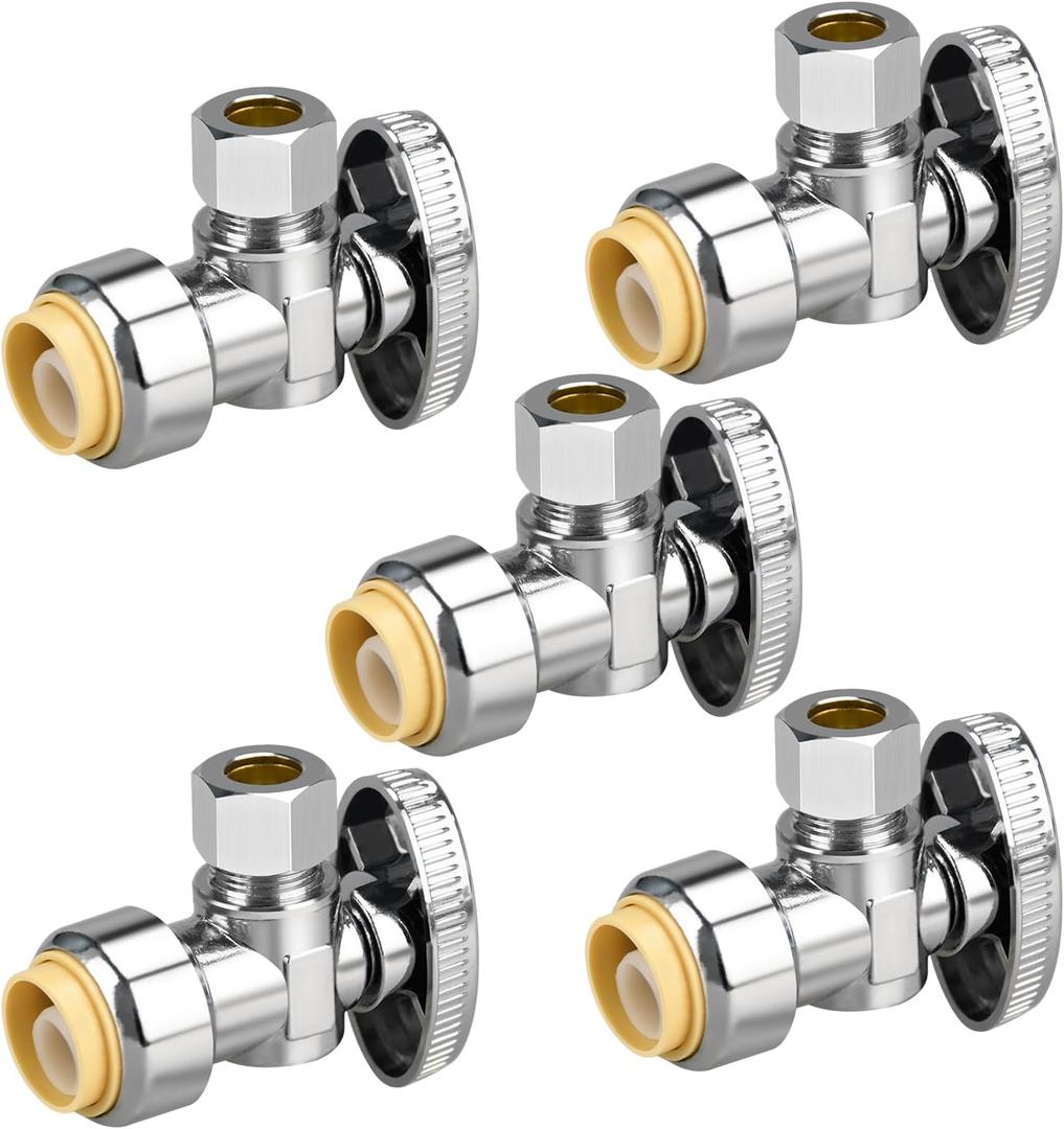 5pcs Stop Valves, 1/2"  3/8" Angle Stop Valve, 1/2" PTC Input, 3/8" OD Compression Output, Push to Connect, 1/4 Turn, Chrome Plated Brass for Faucet, Toilet Valves, No Lead
