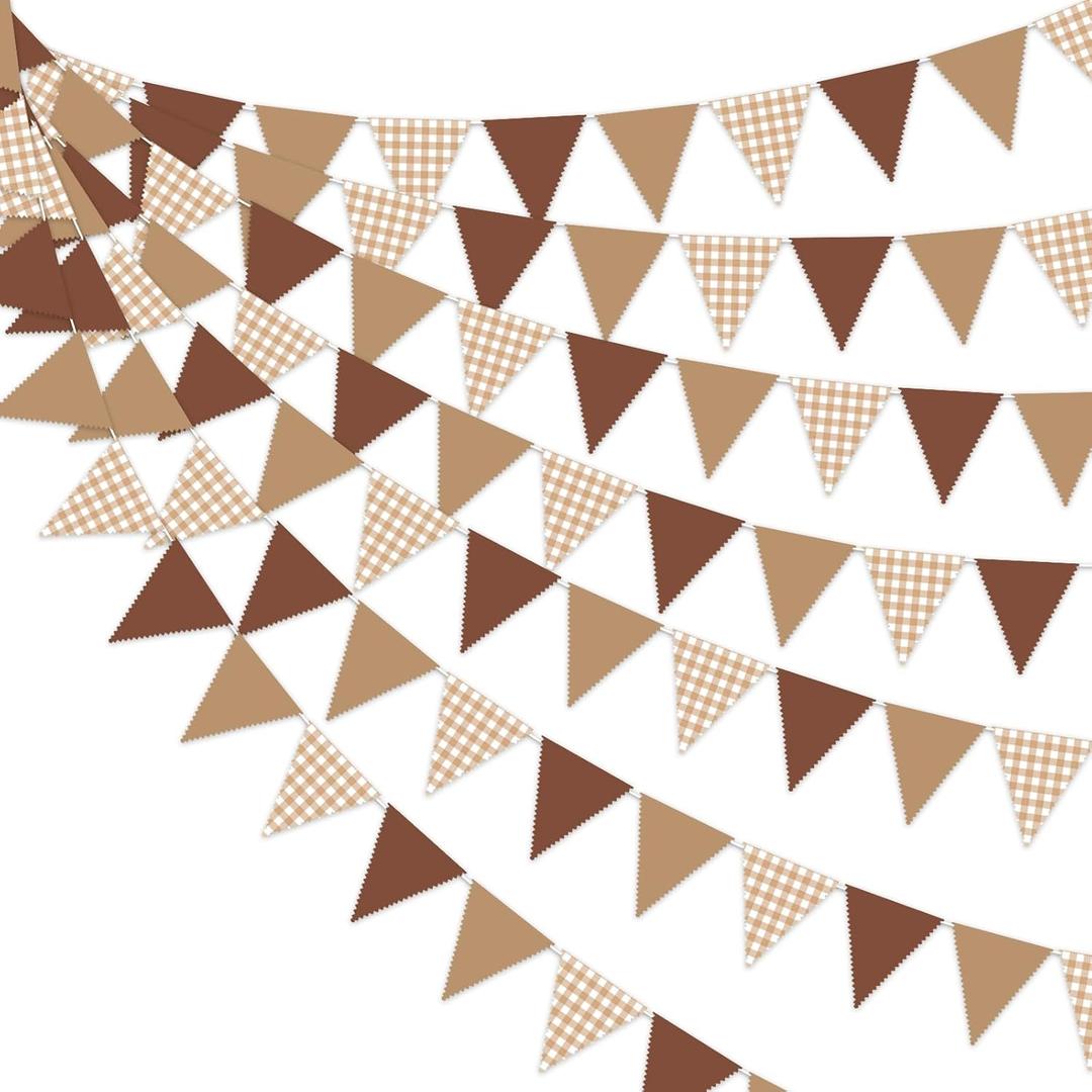 33 Ft Gingham Hanging Banner Decoration Brown Pennant Plaid Triangle Flag Fabric Bunting Garland for Birthday Baby Shower Party Supplies