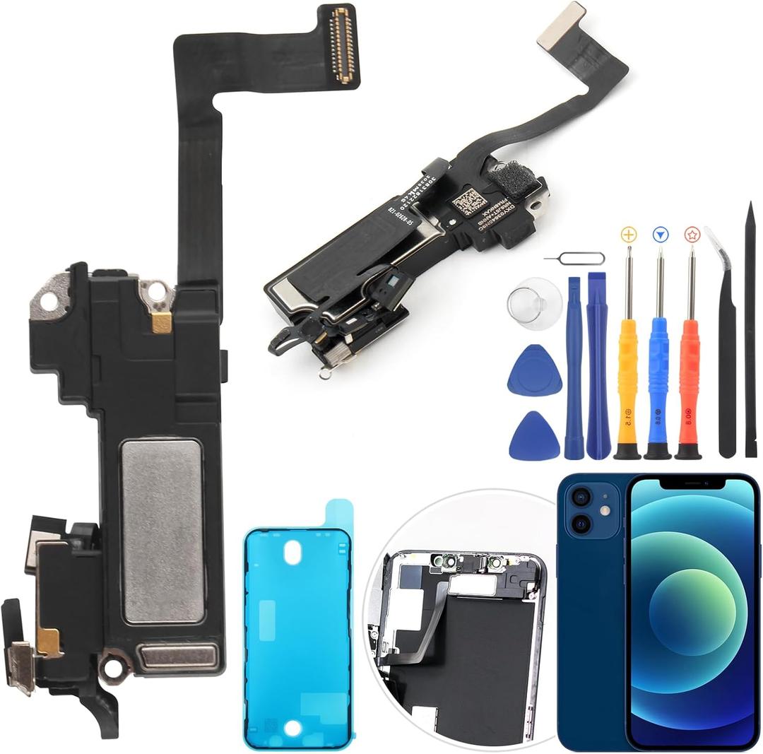 Earpiece Speaker for iPhone 12 Ear Speaker Replacement for iPhone 12 Pro Speaker Replacement Light Proximity Sensor Flex Cable Earphone Speaker Assembly with Repair Tools