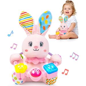 Baby Rabbit Musical Stuffed Animals Toy,Infant Bunny Bilingual Early Learning Education Toy with Light-Up Music & Crinkle,1st Easter Basket Shower Stuffers for 0 1 2 3 6 9 12 18 Month Girl,Pink