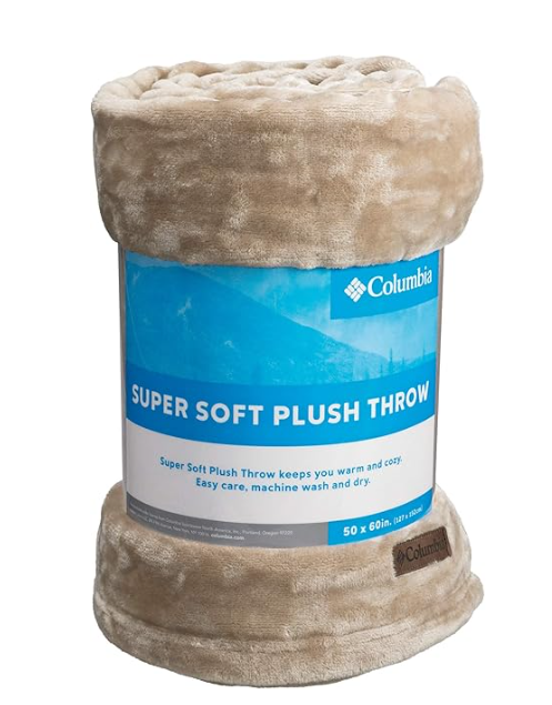 Columbia Super Soft Plush Throw - Warm and Cozy 100% Polyester Fleece Blanket - Measures 50" x 60" - Beige