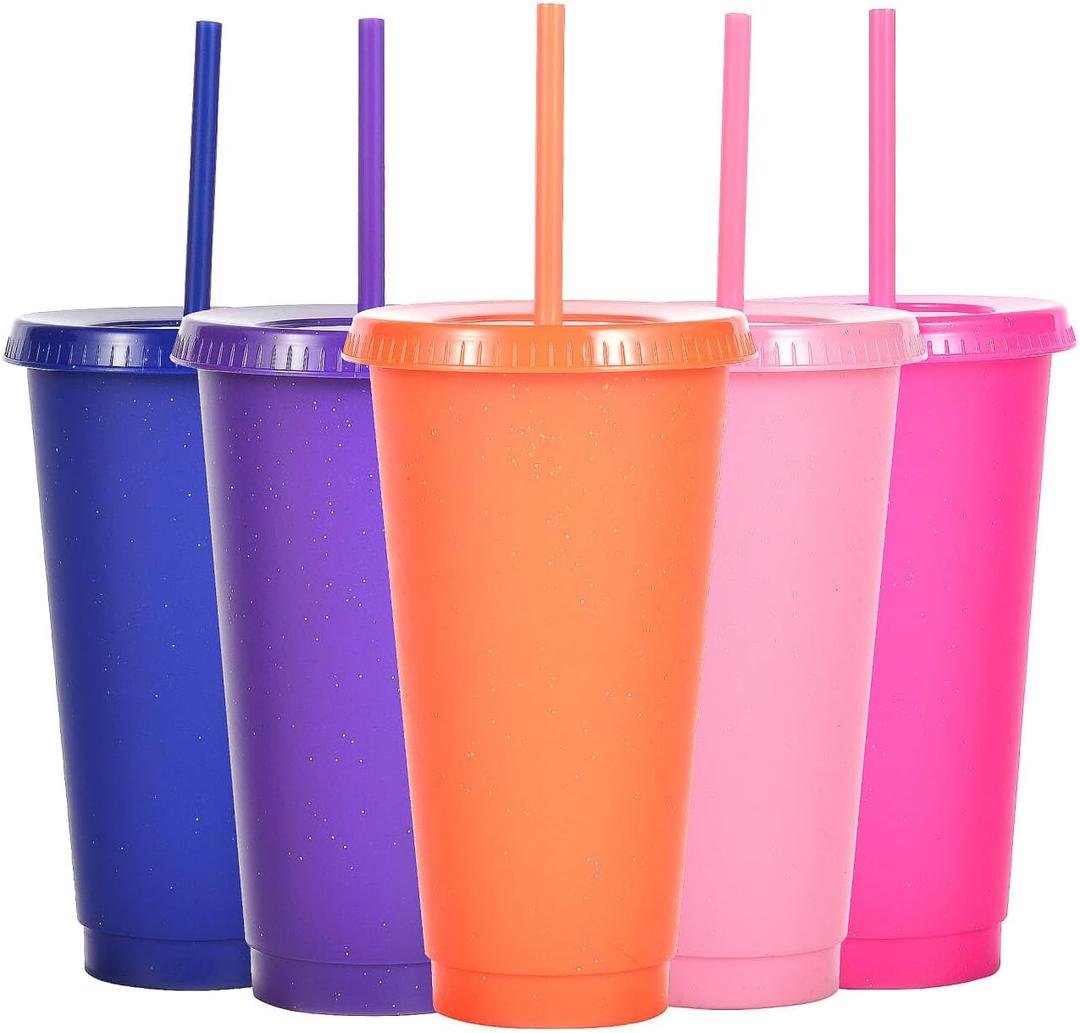 Suertestarry Tumbler with Straw and Lid,Water Bottle Iced Coffee Travel Mug Cup,Reusable Plastic Cups,Perfect for Parties,Birthdays,24oz-5 Pack (Solid Color, 5pack)