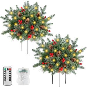 Lighted Artificial Christmas Urn Filler, 2 Pack Small Xmas Pine Tree Outdoor Decorations with Cones, Red Berries & 50 LED Lights, Light Up Planter Filler Decor for Porch Yard, Garden, Cemetery (Green)