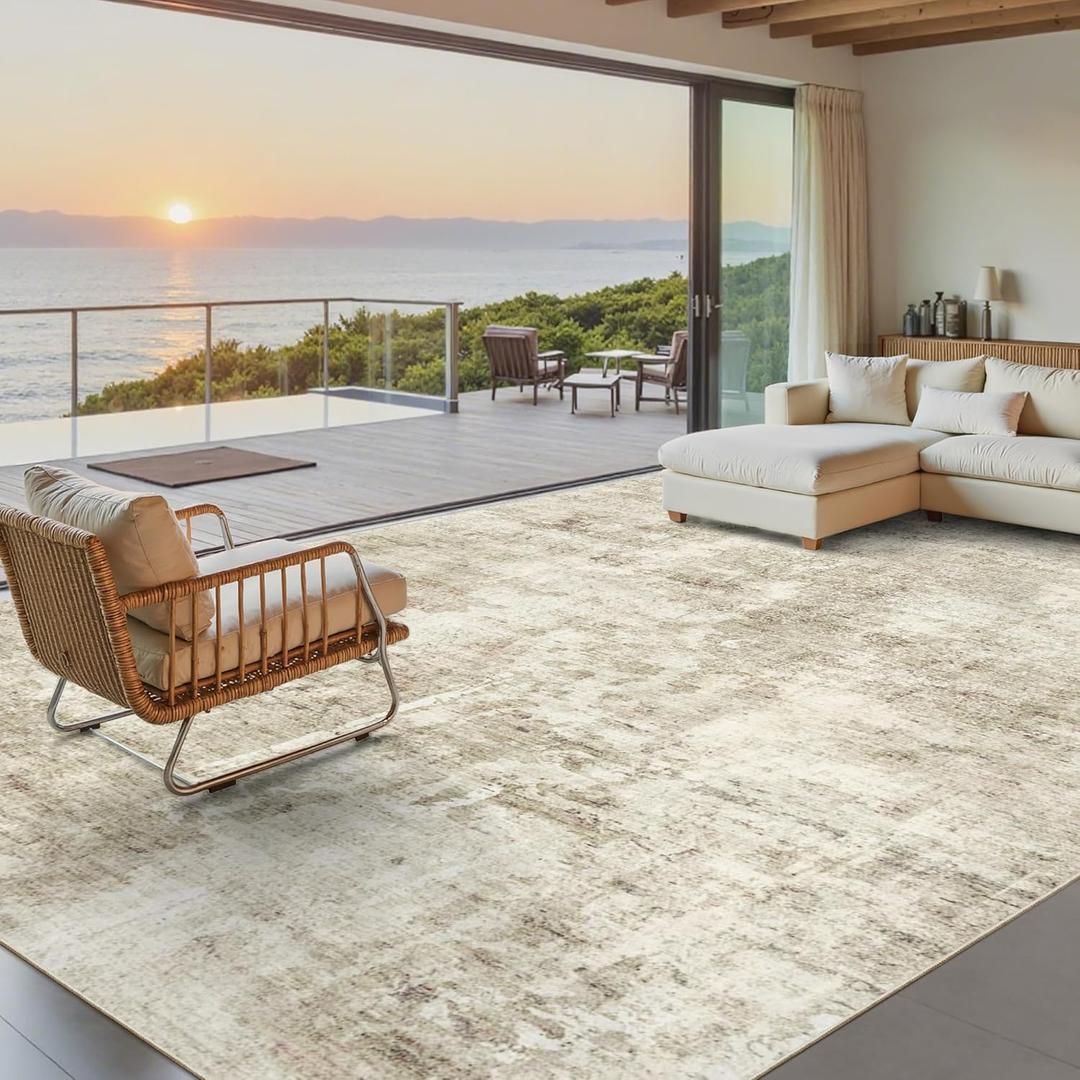 Soalmost 10x14 Area Rugs for Living Room, Non Slip Machine Washable Vintage Carpets, Low Pile Lightweight Large Rug for Bedroom, Dining Room, Home Office Beige Gray
