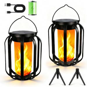 Solar Lanterns Outdoor Lights, 2 Pack Flickering Flame Garden Lights with 2 Modes Dual Charging USB & Solar, Outdoor Waterproof Hanging Lantern for Halloween Party Holiday Decor