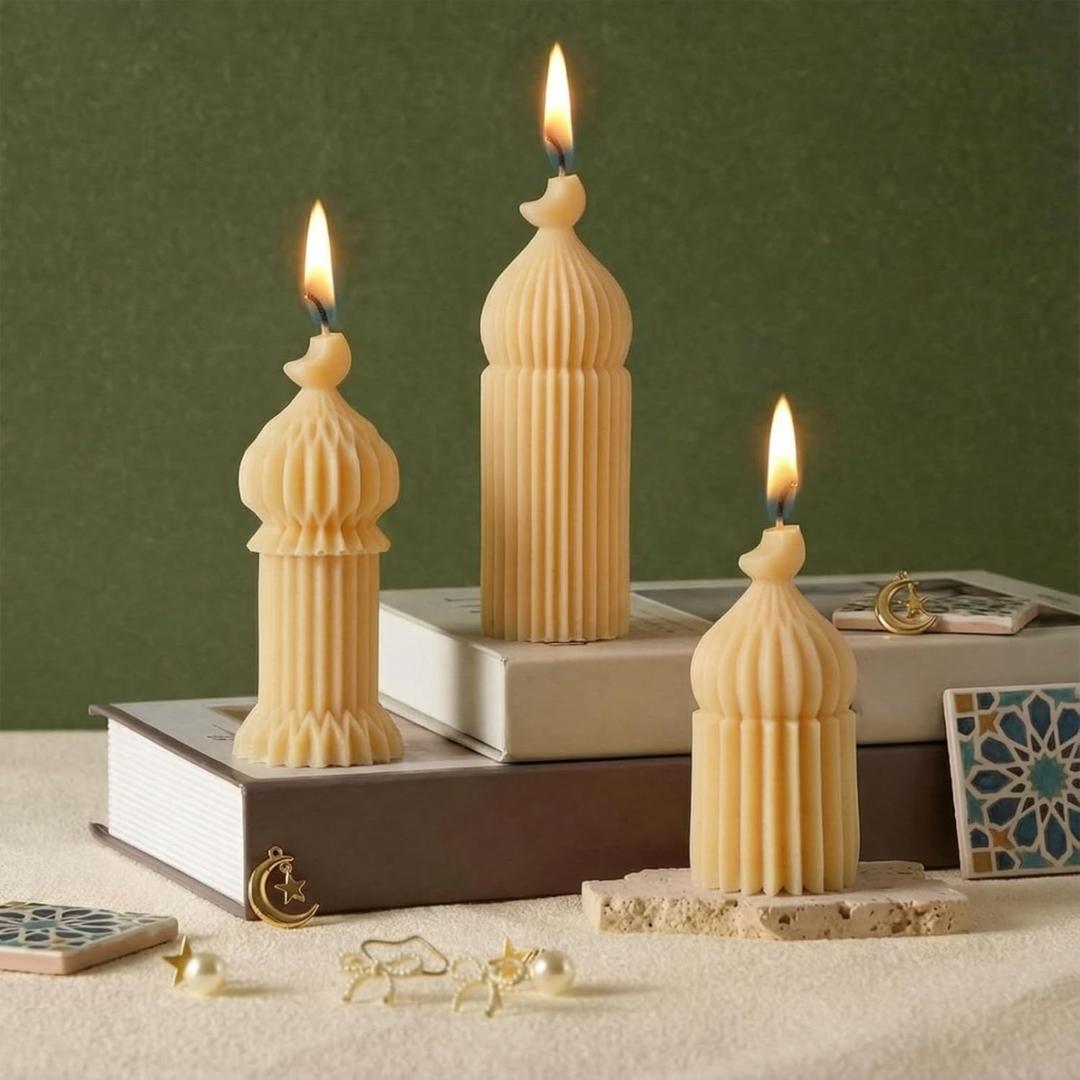 Lyrow 3 Pcs Ramadan Mubarak Scented Soy Candles Eid Islamic Muslim Home Decor Ramadan Mosque Shaped Small Pillar Candles Set Gift for Islam Eid Muslim Festival Home Decorations, 3 Design