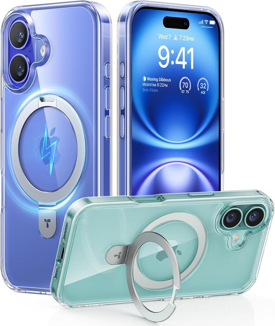 TORRAS Magnetic for iPhone 16 Case with Stand, Built-in Stand Compatible with MagSafe, 3X Military-Grade Protection, Translucent Slim Phone Case for iPhone 16 6.1'', Crystal Clear