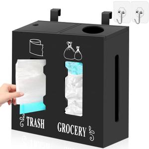 2 in 1 Trash Bag Dispenser and Grocery Bag Holder, Large Wooden Trash Bag Holder,Trash Bag Dispenser for Grocery Bags and Plastic Bags,Kitchen Cabinet Under Sink Organizers and Storage (Black)