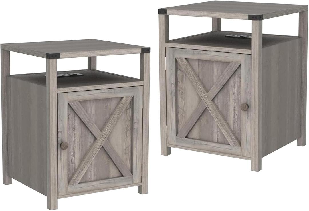 Farmhouse Nightstand Set of 2 with Charging Station, Rustic End Table Bedroom with Storage Living Room Side Table Dark Oak Night Stand Industrial Bedside Bed Table with USB Ports and Outlets