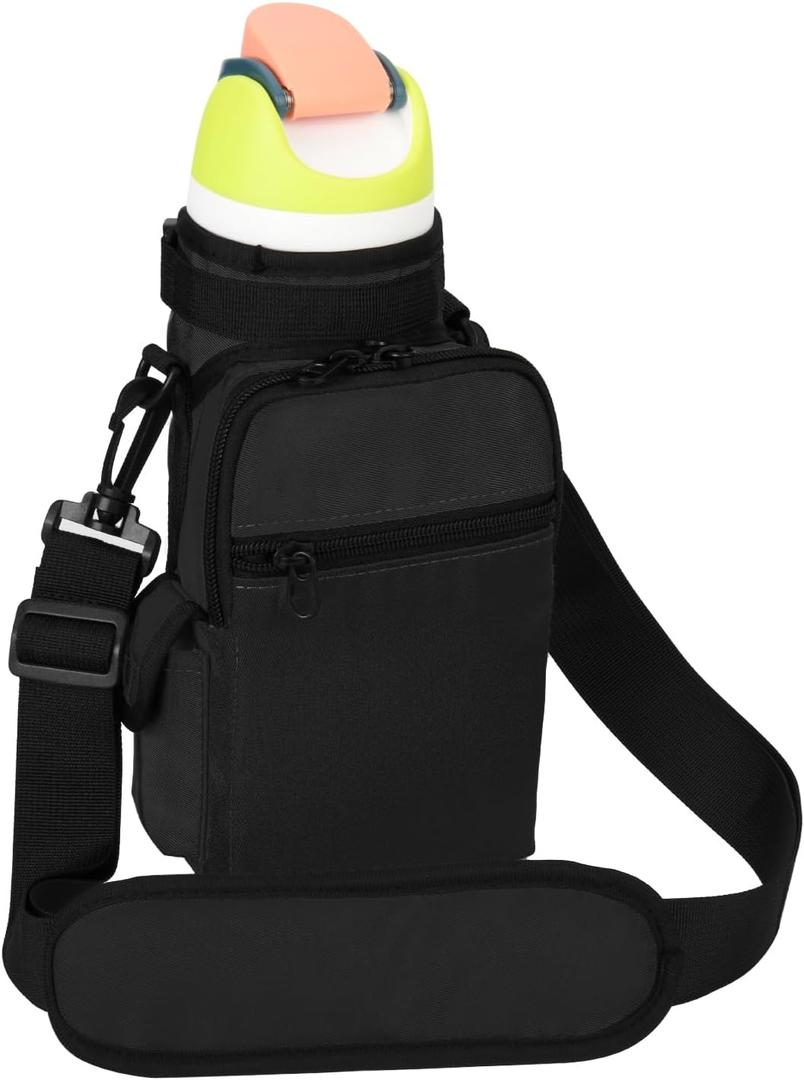 Xxerciz Water Bottle Carrier Bag with Phone Pocket for Owala Free Sip 24oz 32oz Water Bottle, Portable Water Bottle Holder with Adjustable Shoulder Strap Carabiner for Walking Camping Hiking (Black)