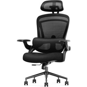 Sweetcrispy Ergonomic Mesh Office Chair, High Back with 2D Headrest, Up&Down Lumbar Support, Swivel Computer Task Desk Chairs with Adjustable Flip-up Armrests, Inky