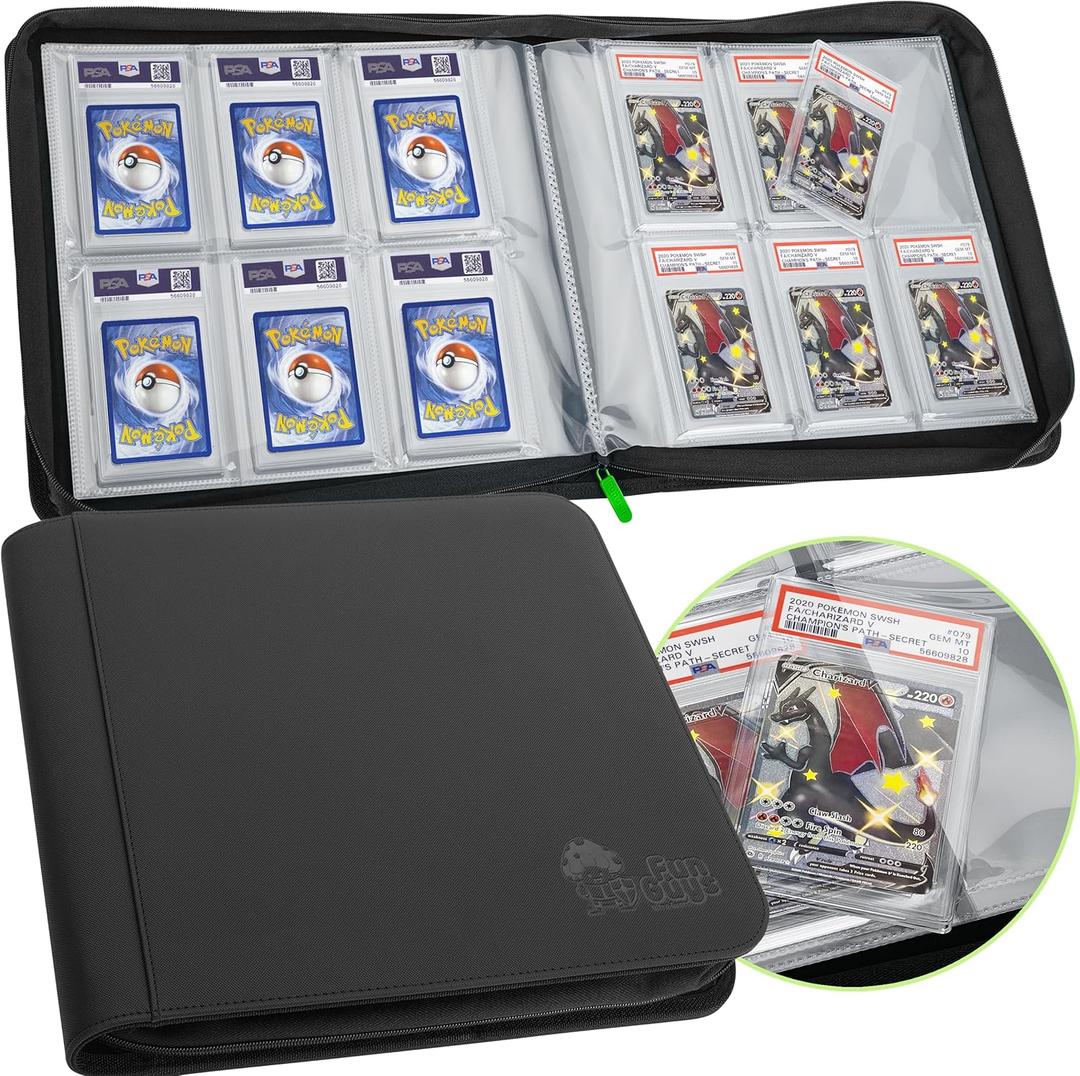 FunGuys 60 PSA Slab Holder, 6 Pocket Graded Card Storage, Zipper Binder, MTG Card Binder (Black and Black)