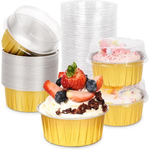 40 Pack Individual Mini Cake Pans with Lids,Round Aluminum Foil Baking Tins5oz Disposable Ramekins Cake Pans for Party,Wedding,Birthday (Gold)