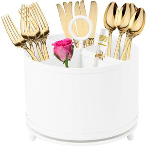 NelyBet 360Rotating Silverware Caddy,4 Compartment Utensil Holder Countertop,Outdoor Silverware Organizer for Picnic Camping Party Metal Cutlery Caddy with Handle -White