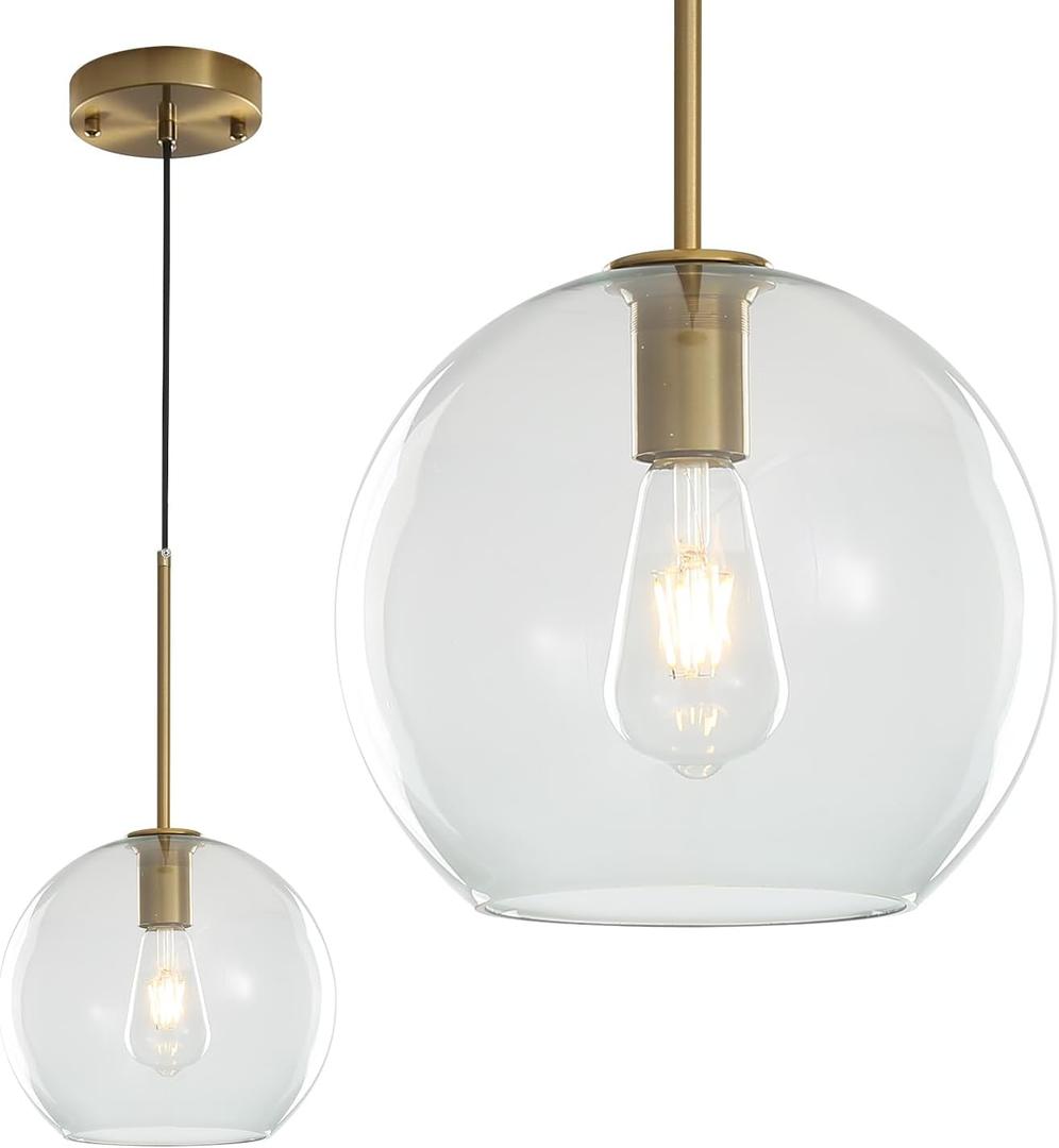 Modern Globe Pendant Light Fixtures, Mid-Century Glass Globe Flush Mount Ceiling Light, Rustic Light Pendant Lights Kitchen Island Dinning Hanging Pendant Light  (Gold-Clear, 20cm/8)