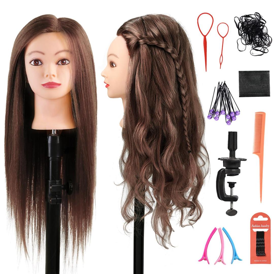 Mannequin Head with Hair 80% Human Hair Doll Head 26"-28" Hairdresser Practice Training Head Cosmetology Manikin with 9 Tools and Clamp - #4 Brown