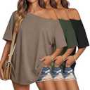 Oakgarden 3 Pack Women's Off Shoulder Tops Oversized Half Sleeve T Shirts Casual Loose Tees Summer Basic Tunic(Black, Army Green, Coffee,XXLarge)