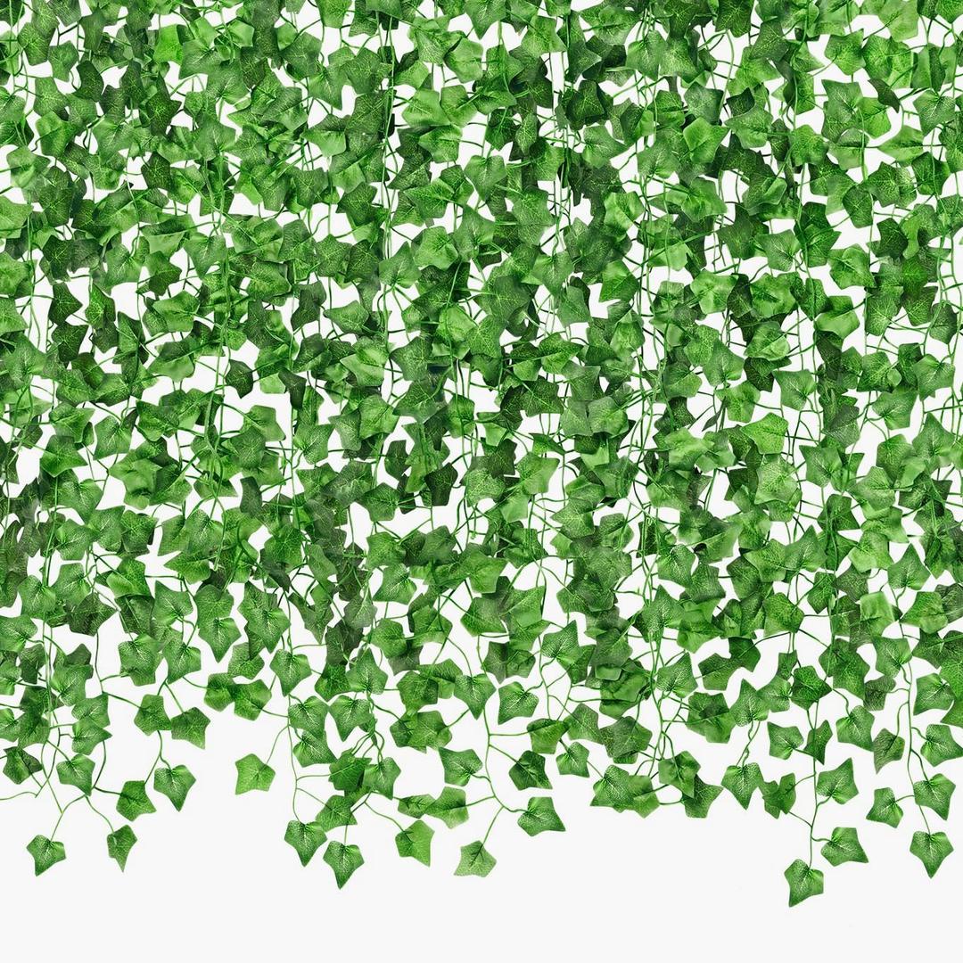 CQURE 140 Pack 980Ft Artificial Ivy Garland,Ivy Garland Fake Vines UV Resistant Green Leaves Fake Plants Hanging Vines for Home Kitchen Wedding Party Garden Wall Room Decor