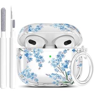 Wonjury Clear Case Compatible with Airpods 3 Case Cover, Wonjury Protective Floral Case Cover with Keychain Compatible with Airpods 3 Generation (2021 Released), Front LED Visible, Blue Flower