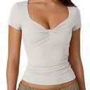 QINSEN Women's Sexy Short Sleeve Henley T Shirts Double Lined Button Up Slim Fit Crop Top Y2K Going Out Tops (Large)