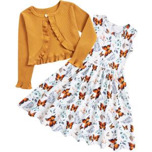 Toddler Girl Sleeveless Dresses and Long Sleeve Ruffle Cardigan 2 Piece Fall Outfits for 2-8T (3-4T, A3-butterfly 01)