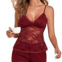 YYA Sexy Lace Pajamas for Women Set Pajama Short Set Cami&Shorts V Neck Night Lingerie Sleepwear, Wine Red XXL (XXL)