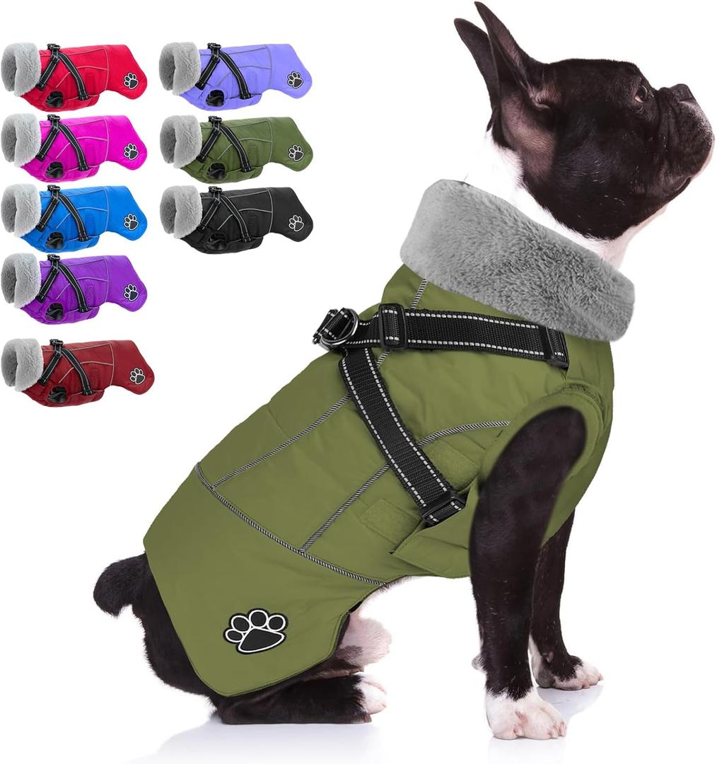 Doglay Dog Coat with Harness, Reflective Warm Dog Jacket Waterproof Puppy Winter Coat for Cold Weather, Adjustable Fleece Jacket for Small Medium Large Dogs (ArmyGreen), S