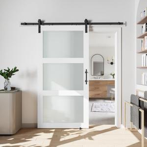 38" x 80" Sliding Glass Barn Door with 6.6FT Barn Door Hardware Kit Included, Assemblely Needed, Waterproof PVC Surface, White, 3 Panels Frosted Glass