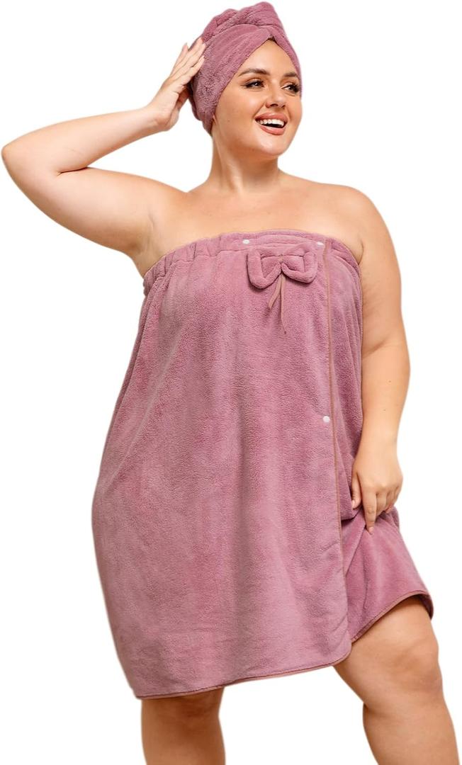 Plus Size Towel Wrap with Hair Towel for Women, Women Shower Wrap Spa Bathrobe Comfortable Bath Towels Body Wrap Adjustable + Hair Drying Towel, Purple XL-XXL