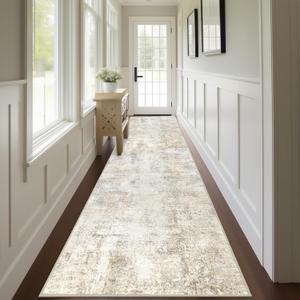 Capslpad 2x12 Beige Abstract Hallway Runner, Ultra Soft Fabric Washable Runner Rug, Non-Slip Rubber Backing, Stain Resistant Low Pile Runners for Hallways, Kitchen, Entryway, Bedroom, Laundry