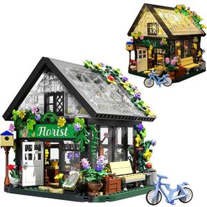 Flower House Building Set with LED Lights,Flower Shop Building Kits Creative Floral Greenhouse Kit for Girls Age 6+