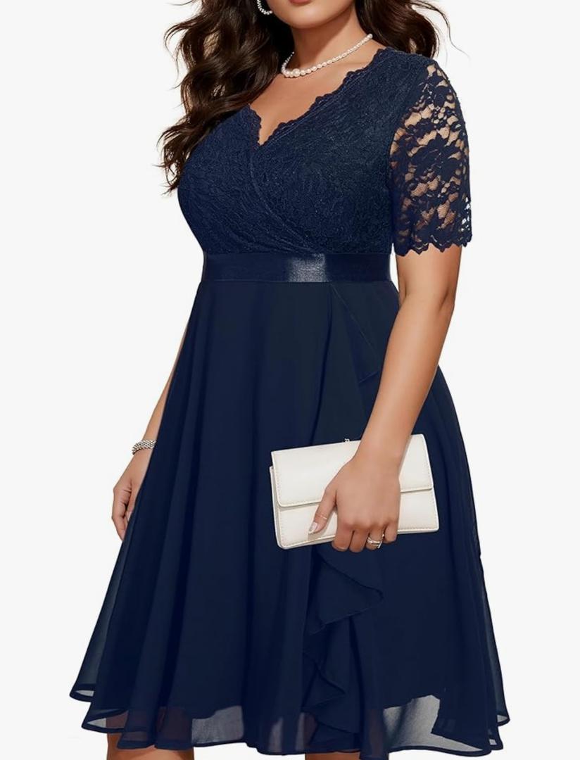 Plus Size 16 Wedding Guest Dress - Formal Cocktail Party Ruffle Elegant Tea Length Lace Chiffon V Neck Midi Dresses