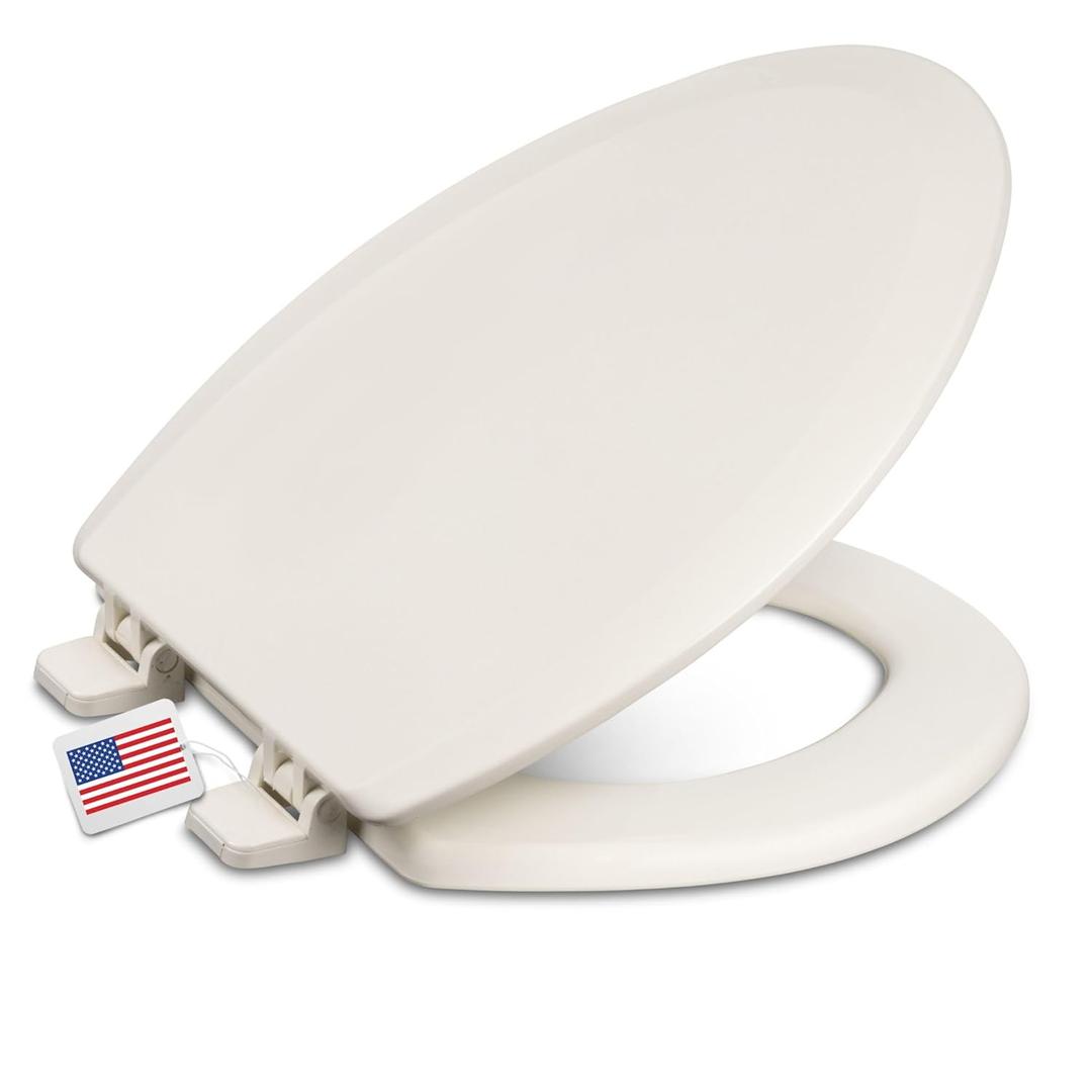 Centoco Elongated Toilet Seat, Heavy-Duty Wood Core with Plastic Scratch-Resistant Finish, Residential, Closed Front with Cover, Made in the USA, DSAMAZ9-416, Biscuit