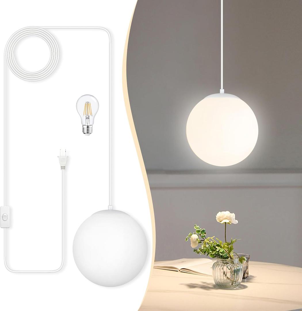 KoKo&Yukina 8" Globe Pendant Light White Plug in Pendant Light Adjustable Hanging Lights with Plug in Cord Matte White Finished with Milk Glass Lampshade for Bedroom Kitchen Island (Bulb Included), 1-Light , Plug in, 1PK