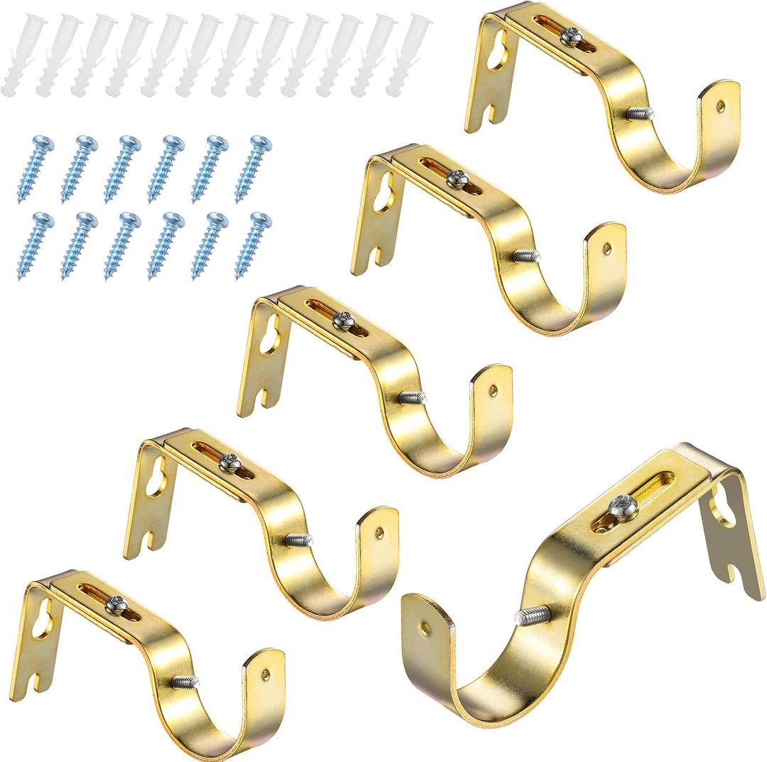 Frienda 6 Pcs Curtain Rod Brackets Adjustable Holder Wall for 1 Inch Diameter Curtain Rod General Bracket Hooks with Screws (Gold)